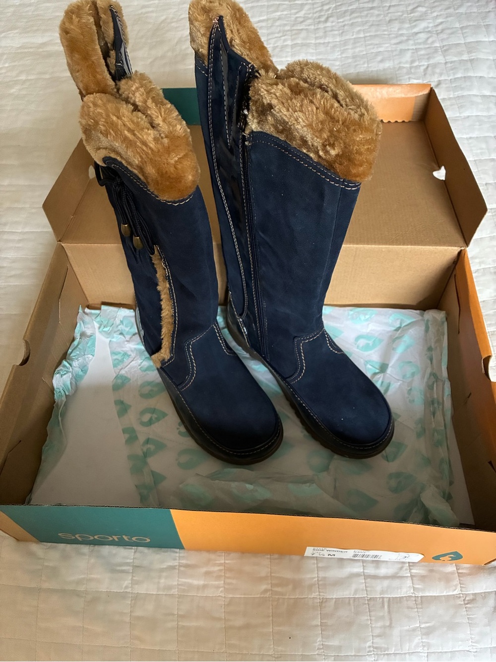 Sporto Women's Navy Suede Faux-Fur Lined Tall Boots size 7.5 Waterproof Snow